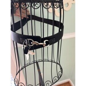 COACH dog Leash Belt Italy Leather Black Coach Tag NWT‎ cross Grain White Trim M